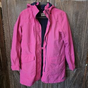 Lands' End Jacket Womens Size Small 6-8 Pink Navy Blue Parka Hooded Fleece Lined